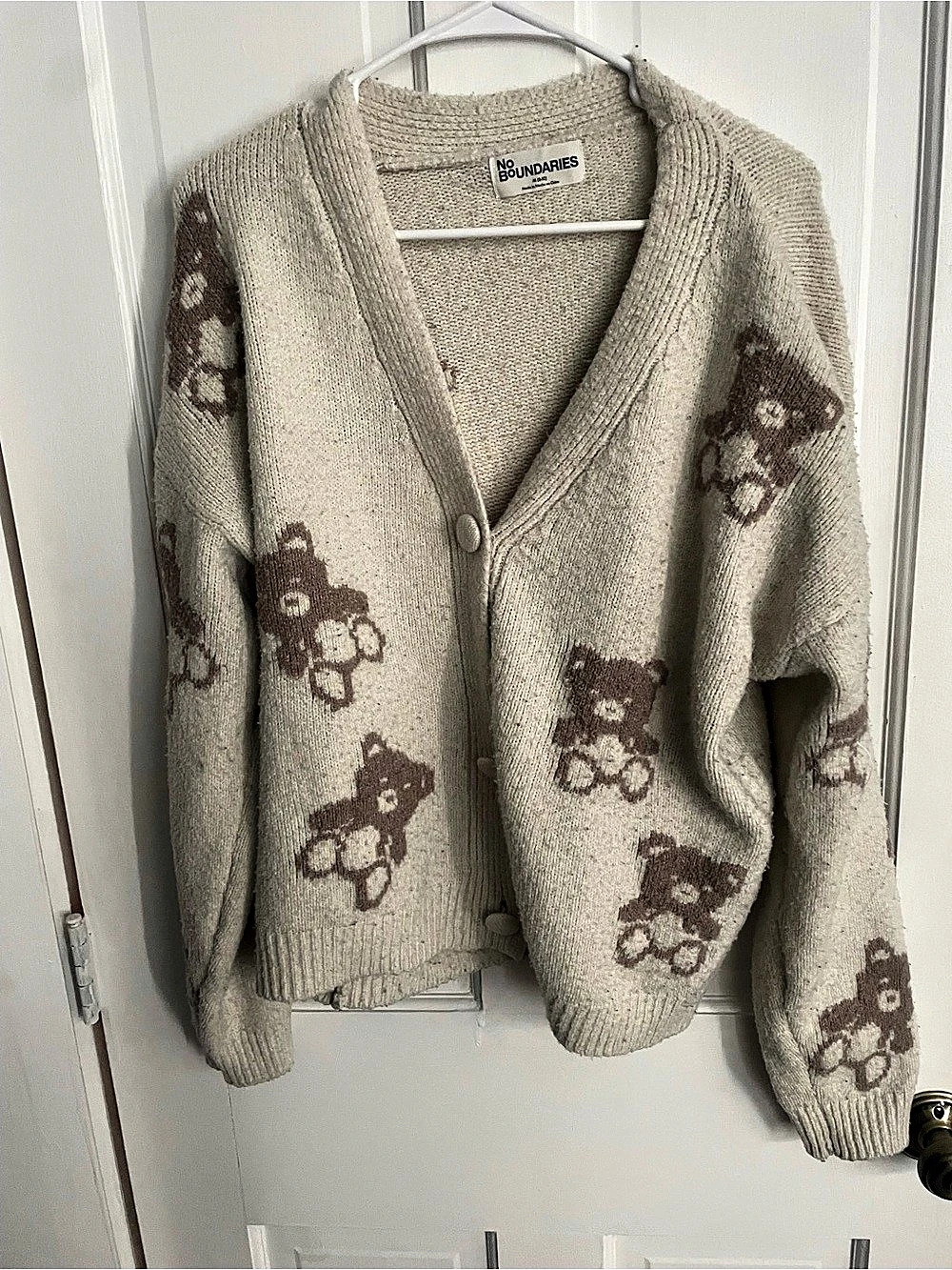 No Boundaries Cream Teddy Bear Print Button Front Cardigan Beige & Brown Medium